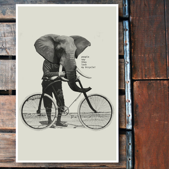 "People Say" elephant bicycle 11x17 Poster
